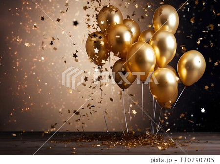 Golden balloons with confetti on a black background for celebration and festival 3d rendering Golden balloons with confetti on a black background for celebration and festival 3d rendering 110290705