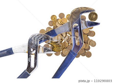 Allegory of the global financial crisis - Iron 10 rubles coin (written ten rubles, the Bank of Russia) in the grip of economic crisis, on a white background. Finance and business concept 110290803