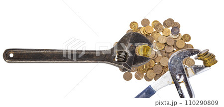 Allegory of the global financial crisis - Iron 10 rubles coin (written ten rubles, the Bank of Russia) in the grip of economic crisis, on a white background. Finance and business concept Allegory of the global financial crisis - Iron 10 rubles coin (written ten rubles, the Bank of Russia) in the grip of economic crisis, on a white background. Finance and business concept 110290809