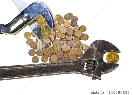 Allegory of the global financial crisis - Iron 10 rubles coin (written ten rubles, the Bank of Russia) in the grip of economic crisis, on a white background. Finance and business concept 110290855