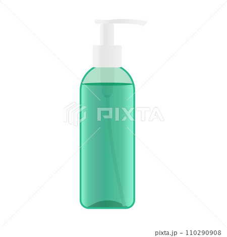 Plastic pump bottle with a green liquid inside. Dispenser bottle with cosmetic product like cleansing gel. Vector illustration 110290908