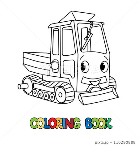 Funny small mini tractor with eyes. Coloring book Funny small mini tractor with eyes. Coloring book 110290989