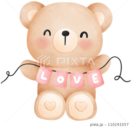 Cute teddy bear with love banner, Valentine's Day watercolor illustration 110291057