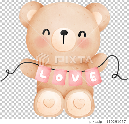 Cute teddy bear with love banner, Valentine's Day watercolor illustration Cute teddy bear with love banner, Valentine's Day watercolor illustration 110291057