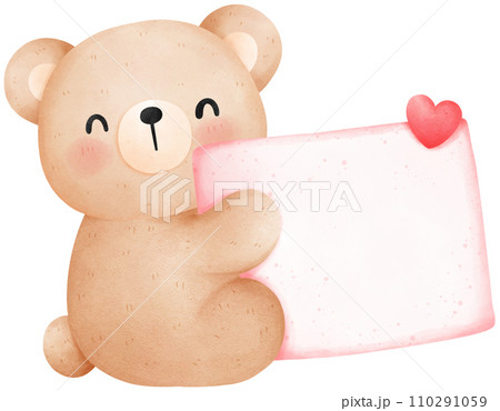 Cute teddy bear with blank banner, Valentine's Day watercolor illustration 110291059