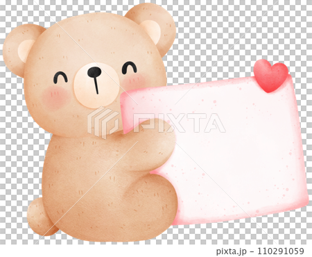 Cute teddy bear with blank banner, Valentine's Day watercolor illustration Cute teddy bear with blank banner, Valentine's Day watercolor illustration 110291059