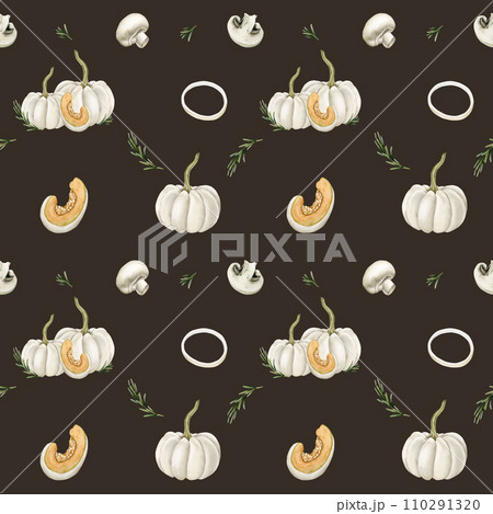 Watercolor seamless pattern with white pumpkins, mushrooms, onion rings and rosemary sprigs on dark background. 110291320