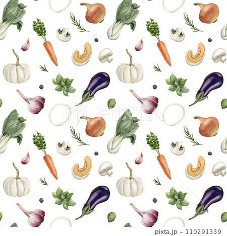 Watercolor seamless pattern with colorful vegetables on white background. For use in design, fabric, textile, wrapping Watercolor seamless pattern with colorful vegetables on white background. For use in design, fabric, textile, wrapping 110291339