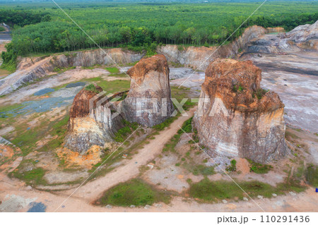 Aerial top view of ground in the land with sand in factory industry for construction site. Arid pattern texture background. Bulldozer tractor Aerial top view of ground in the land with sand in factory industry for construction site. Arid pattern texture background. Bulldozer tractor 110291436