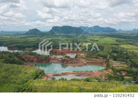 Aerial top view of ground in the land with sand in factory industry for construction site. Arid pattern texture background. Bulldozer tractor 110291452