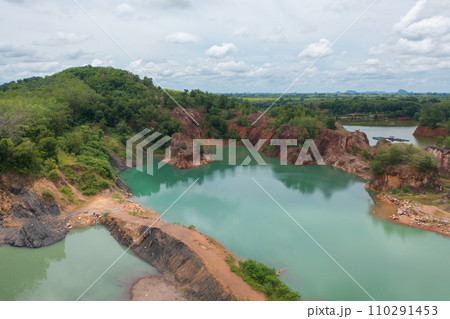 Aerial top view of ground in the land with sand in factory industry for construction site. Arid pattern texture background. Bulldozer tractor 110291453