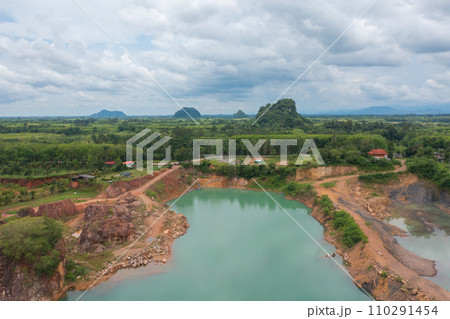 Aerial top view of ground in the land with sand in factory industry for construction site. Arid pattern texture background. Bulldozer tractor 110291454