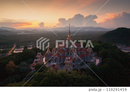 Aerial top view of Wat Thang Sai, Prachuap Khiri Khan, Thailand. Travel trip on holiday and vacation. Thai tourist attraction architecture. Aerial top view of Wat Thang Sai, Prachuap Khiri Khan, Thailand. Travel trip on holiday and vacation. Thai tourist attraction architecture. 110291459
