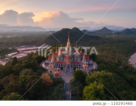 Aerial top view of Wat Thang Sai, Prachuap Khiri Khan, Thailand. Travel trip on holiday and vacation. Thai tourist attraction architecture. Aerial top view of Wat Thang Sai, Prachuap Khiri Khan, Thailand. Travel trip on holiday and vacation. Thai tourist attraction architecture. 110291460