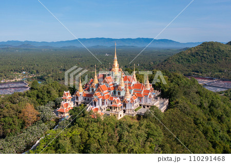 Aerial top view of Wat Thang Sai, Prachuap Khiri Khan, Thailand. Travel trip on holiday and vacation. Thai tourist attraction architecture. Aerial top view of Wat Thang Sai, Prachuap Khiri Khan, Thailand. Travel trip on holiday and vacation. Thai tourist attraction architecture. 110291468