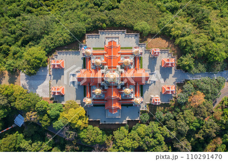 Aerial top view of  Wat Thang Sai, Prachuap Khiri Khan, Thailand. Travel trip on holiday and vacation. Thai tourist attraction architecture. 110291470