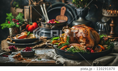 AI-generated content. Baked turkey with roasted vegetable AI-generated content. Baked turkey with roasted vegetable 110291870