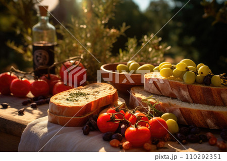 Olive oil, bread and vegetables on table outdoors. Generative AI Olive oil, bread and vegetables on table outdoors. Generative AI 110292351