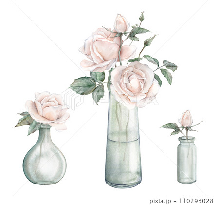 Watercolor set composition from peach fuzz color roses and green leaves in glass jar. Hand drawn illustration isolated background. Element painted natural plant twigs with light pink rose for design 110293028