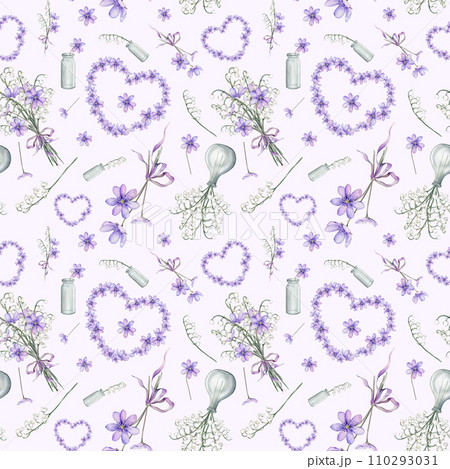 Seamless pattern wallpaper watercolor spring flowers. Heart coppice first lilac spring flowers. Delicate lily of the valley. Illustration hand drawn texture with white and violet flowers. Valentine Seamless pattern wallpaper watercolor spring flowers. Heart coppice first lilac spring flowers. Delicate lily of the valley. Illustration hand drawn texture with white and violet flowers. Valentine 110293031