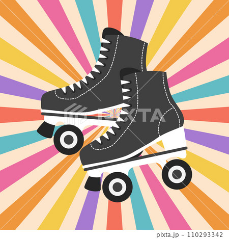 Vintage roller skates on a rainbow background. Retro icon, illustration in flat cartoon style. Vector Vintage roller skates on a rainbow background. Retro icon, illustration in flat cartoon style. Vector 110293342