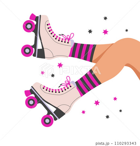 Legs of a girl in retro roller skates and socks. Woman on roller skates. Retro illustration in flat style. Vector Legs of a girl in retro roller skates and socks. Woman on roller skates. Retro illustration in flat style. Vector 110293343