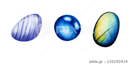 Watercolor hand drawn stone for third eye, heart and crown chakras. Labradorite, Sapphire and Blue Lace Agate. Natural healing illustration with talisman and crystal isolated on white background. Clip 110293414