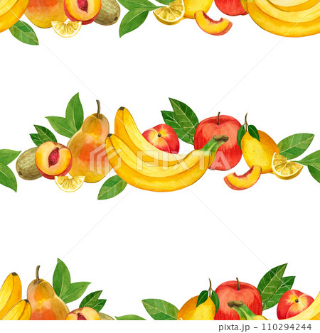 Seamless pattern with fruits. Bananas, kiwi, peaches and nectarines, lemon slices, nectarine hand-drawn in watercolor on a white background. Suitable for printing on fabric and paper, for creativity. Seamless pattern with fruits. Bananas, kiwi, peaches and nectarines, lemon slices, nectarine hand-drawn in watercolor on a white background. Suitable for printing on fabric and paper, for creativity. 110294244