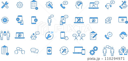 青2色のテクニカルサポートの線画アイコンセット 青2色のテクニカルサポートの線画アイコンセット 110294971