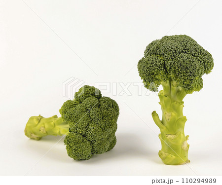 Two broccoli heads are isolated on a white background. Two broccoli heads are isolated on a white background. 110294989