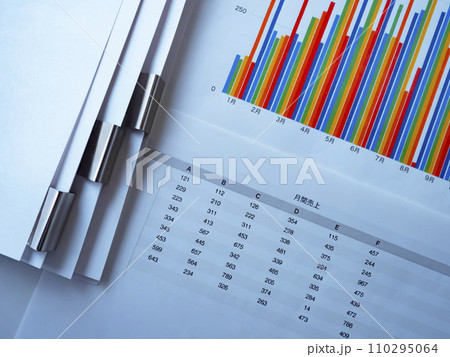 テーブルに置かれたグラフと書類 110295064