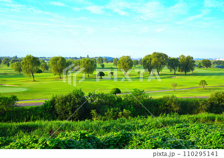 ゴルフ場 荒川河川敷 上江橋付近から真夏の風景 ゴルフ場 荒川河川敷 上江橋付近から真夏の風景 110295141