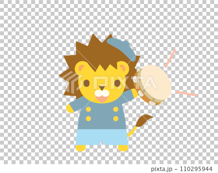 Illustration of a lion playing a tambourine 110295944