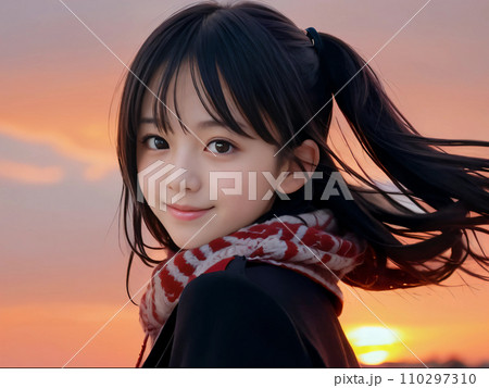 AI画像　雪景色の夕暮れに笑顔を見せる若い女性 110297310