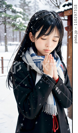 AI画像 雪の降る神社でお祈りする若い女性 AI画像 雪の降る神社でお祈りする若い女性 110297318