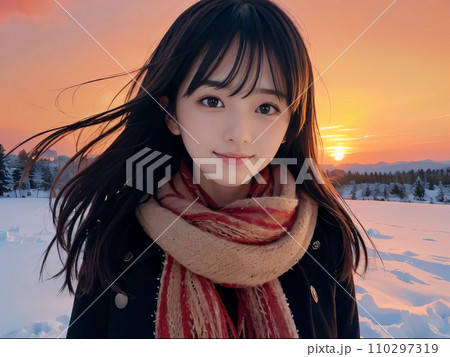 AI画像　雪景色の夕暮れに笑顔を見せる若い女性 110297319