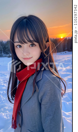 AI画像　雪景色の夕暮れに笑顔を見せる若い女性 110297342