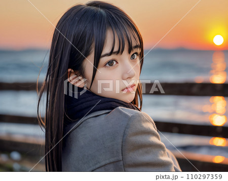 AI画像　夕暮れの冬の海で寂しそうに振り返る若い女性 110297359