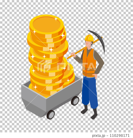 Illustration of a man working in a mine and gold coins Illustration of a man working in a mine and gold coins 110298171