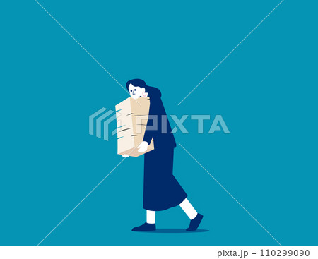 Overworked business person carry huge steak of documents. Business workplace vector concept 110299090