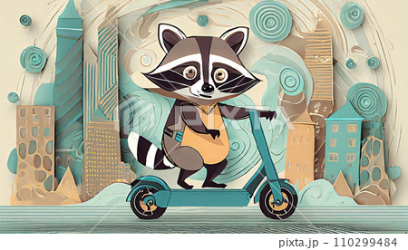 電動キックボードに乗るタヌキ　ペーパークラフト風（AI生成画像） 110299484