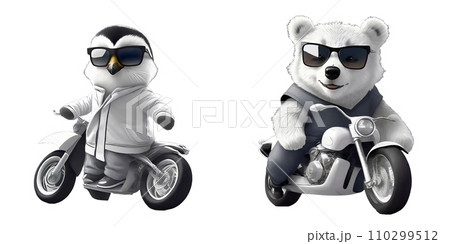 バイクに跨るペンギン・熊　素材2画像　（AI生成画像） 110299512