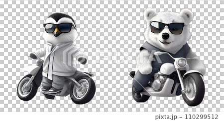 バイクに跨るペンギン・熊　素材2画像　（AI生成画像） 110299512