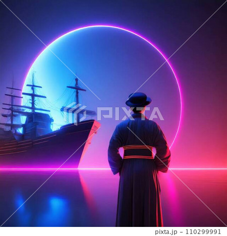 明治時代　日本の港に入港する外国船 110299991