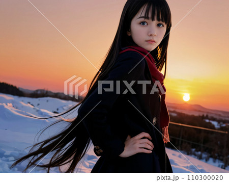 AI画像　雪景色の夕暮れに寂しそうに振り返る若い女性 110300020