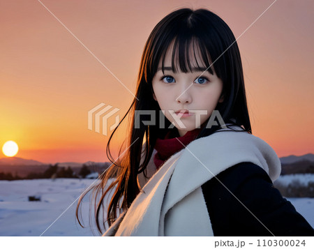 AI画像　雪景色の夕暮れに寂しそうに振り返る若い女性 110300024