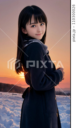 AI画像　雪景色の夕暮れに笑顔を見せる若い女性 110300026