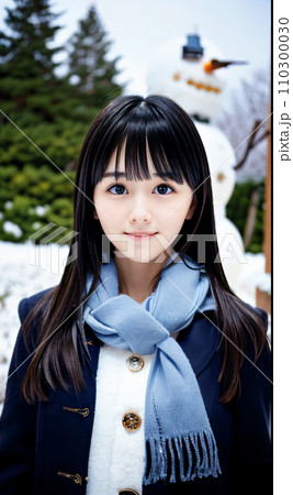 AI画像　雪景色の中で雪だるまと笑顔の若い女性 110300030