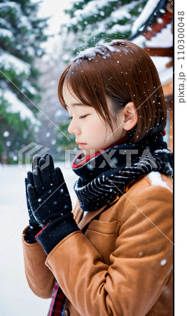 AI画像　雪の降る神社でお祈りする若い女性 110300048
