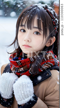 AI画像　雪の降る神社でお祈りする若い女性 110300063